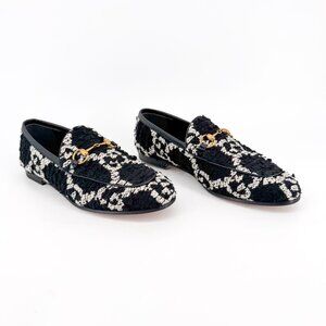 Gucci Jordaan Horsebit Loafer Size 36.5 US 6.5 Black GG Tweed Flat Jacquard Logo